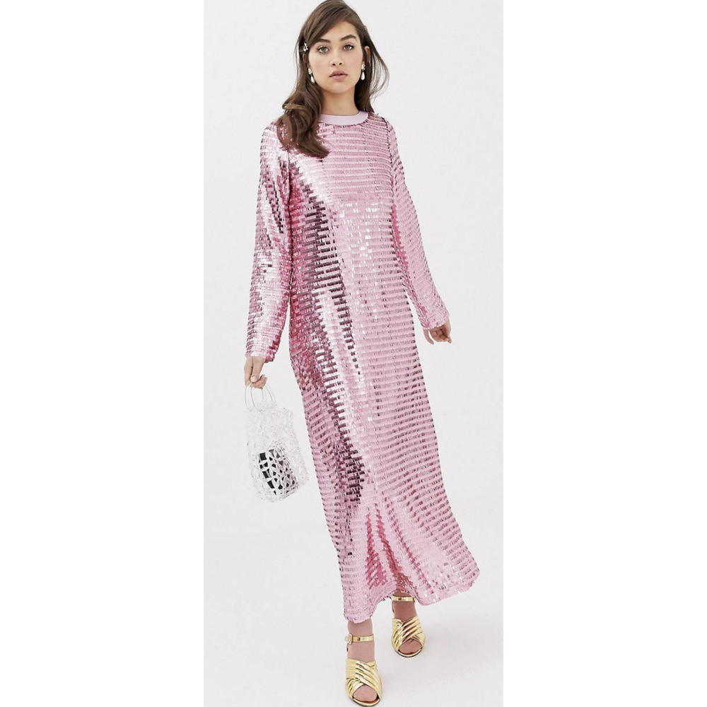 Sister Jane Pink All Over Sequin Disco Maxi Long Sleeve Gown Dress Size Large